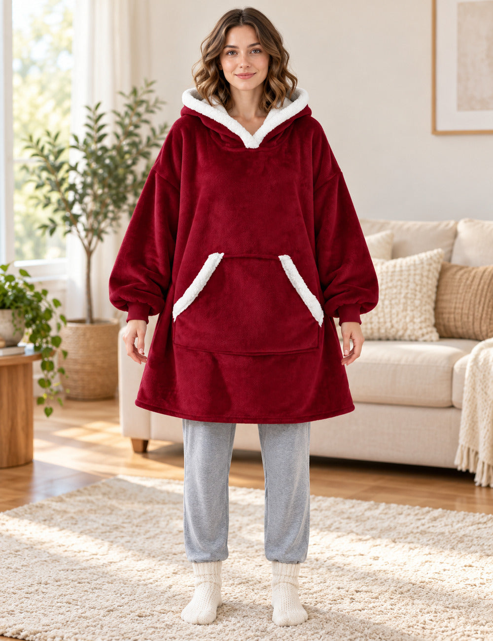 Femme debout portant le pull plaid polaire bordeaux The Kloody