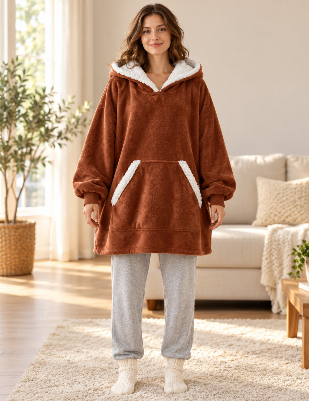 Femme debout portant le pull plaid polaire marron The Kloody