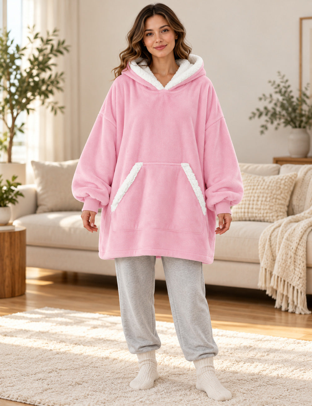 Femme debout portant le pull plaid polaire rose The Kloody