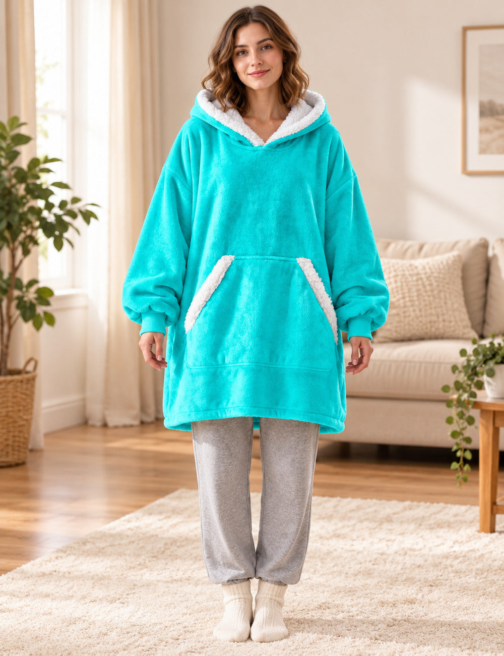 Femme debout portant le pull plaid polaire turquoise The Kloody