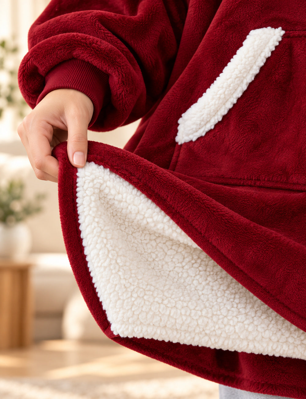 Gros plan du pull plaid polaire bordeaux : main montrant la doublure sherpa et le tissu extérieur