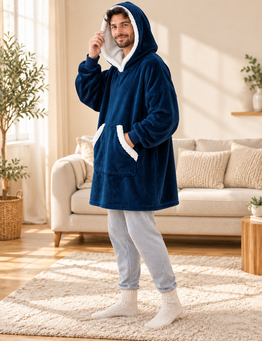 Homme debout de trois quarts portant le pull plaid polaire bleu marine, capuche relevée et main dans la poche
