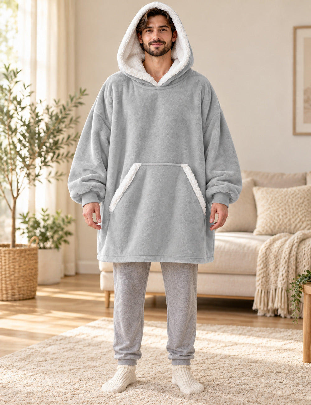 Homme debout portant le pull plaid polaire gris The Kloody