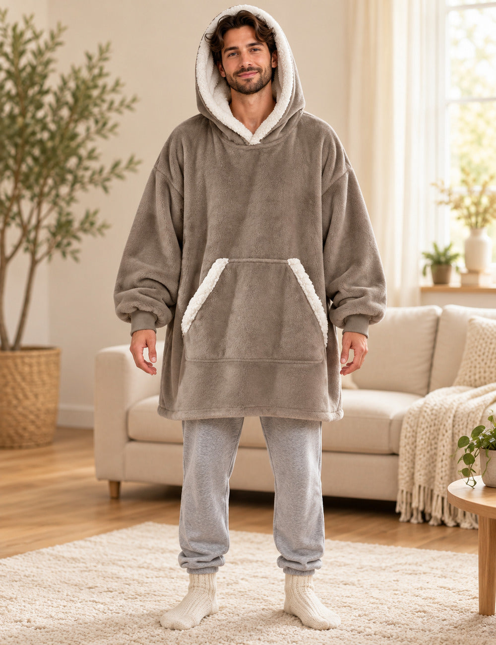 Homme debout portant le pull plaid polaire marron gris The Kloody
