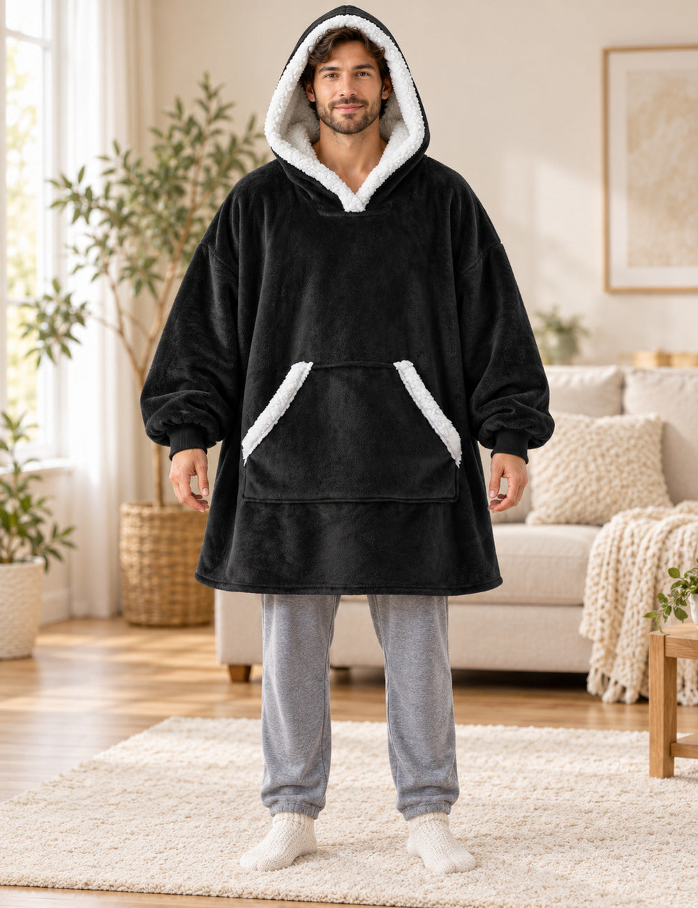 Homme debout portant le pull plaid polaire noir The Kloody