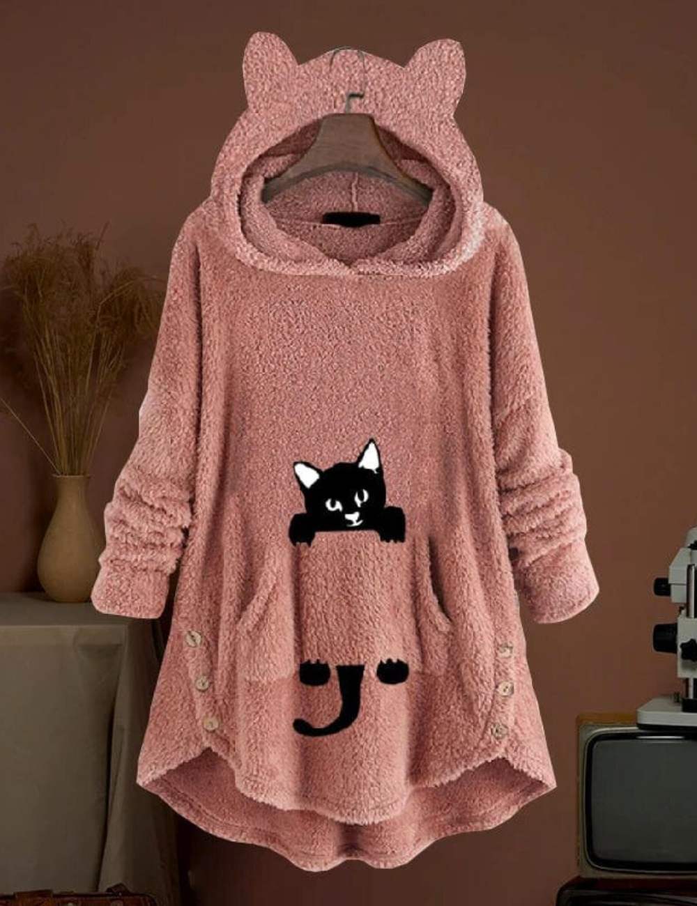 sweat plaid pour femme motif chat rose