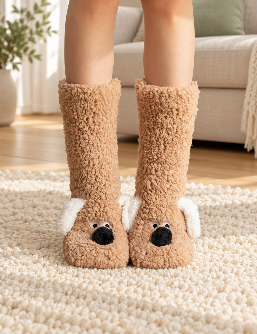 Chausson chaussette antidérapant femme Pilou Pilou camel — paire portée, vue principale