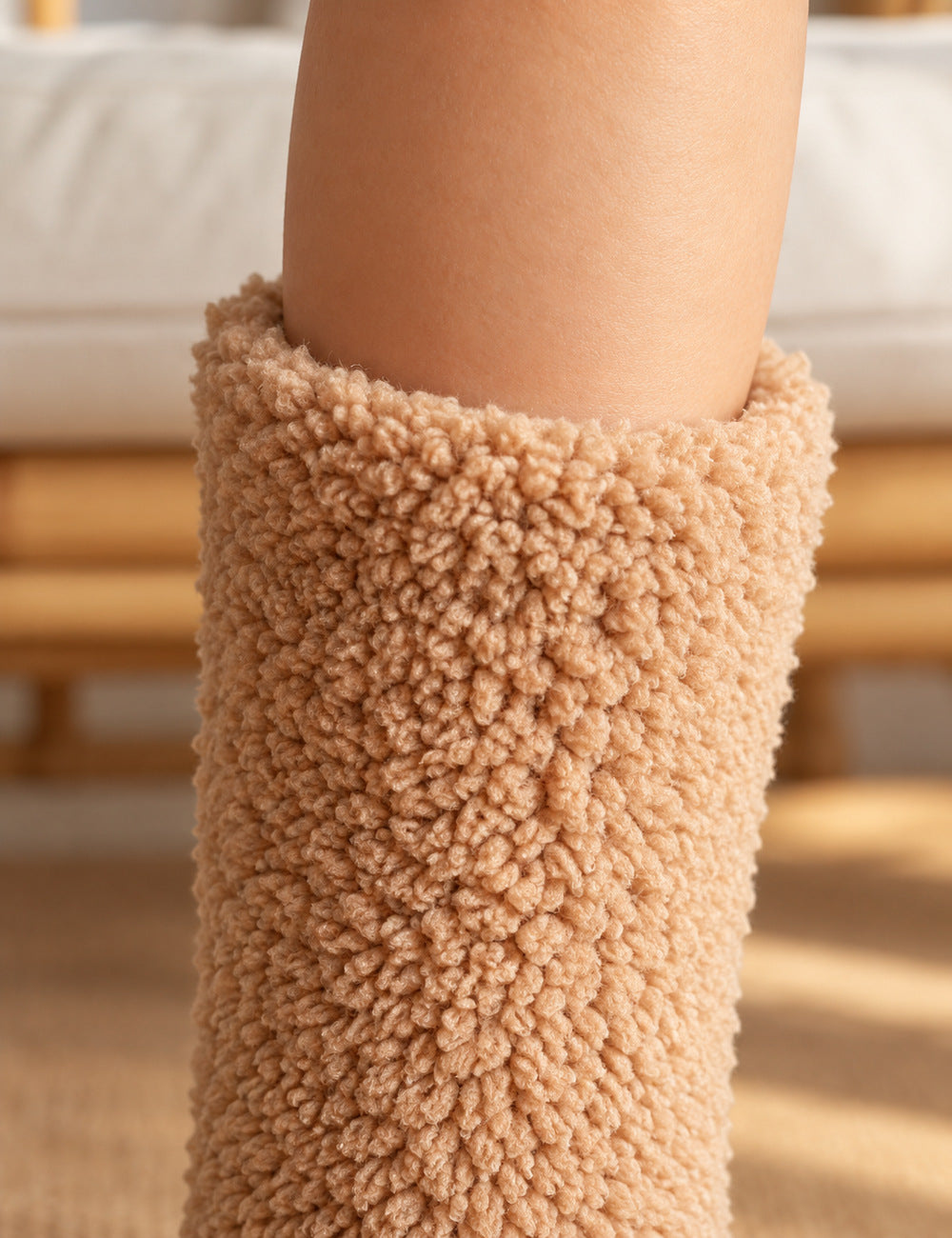 Chausson chaussette antidérapant femme Pilou Pilou camel — détail de l'ouverture et de la matière