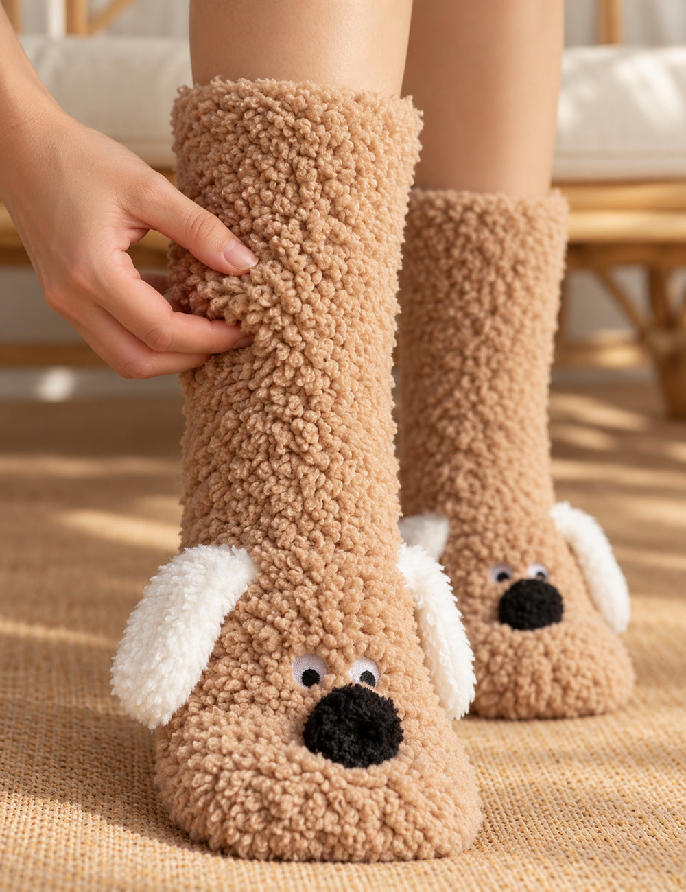 Chausson chaussette antidérapant femme Pilou Pilou camel — gros plan de la texture bouclée