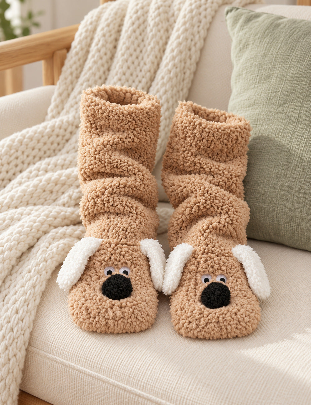 Chausson chaussette antidérapant femme Pilou Pilou camel — paire sur un canapé écru