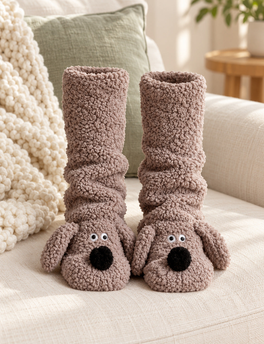 Chausson chaussette femme Pilou Pilou taupe — paire sur un canapé écru