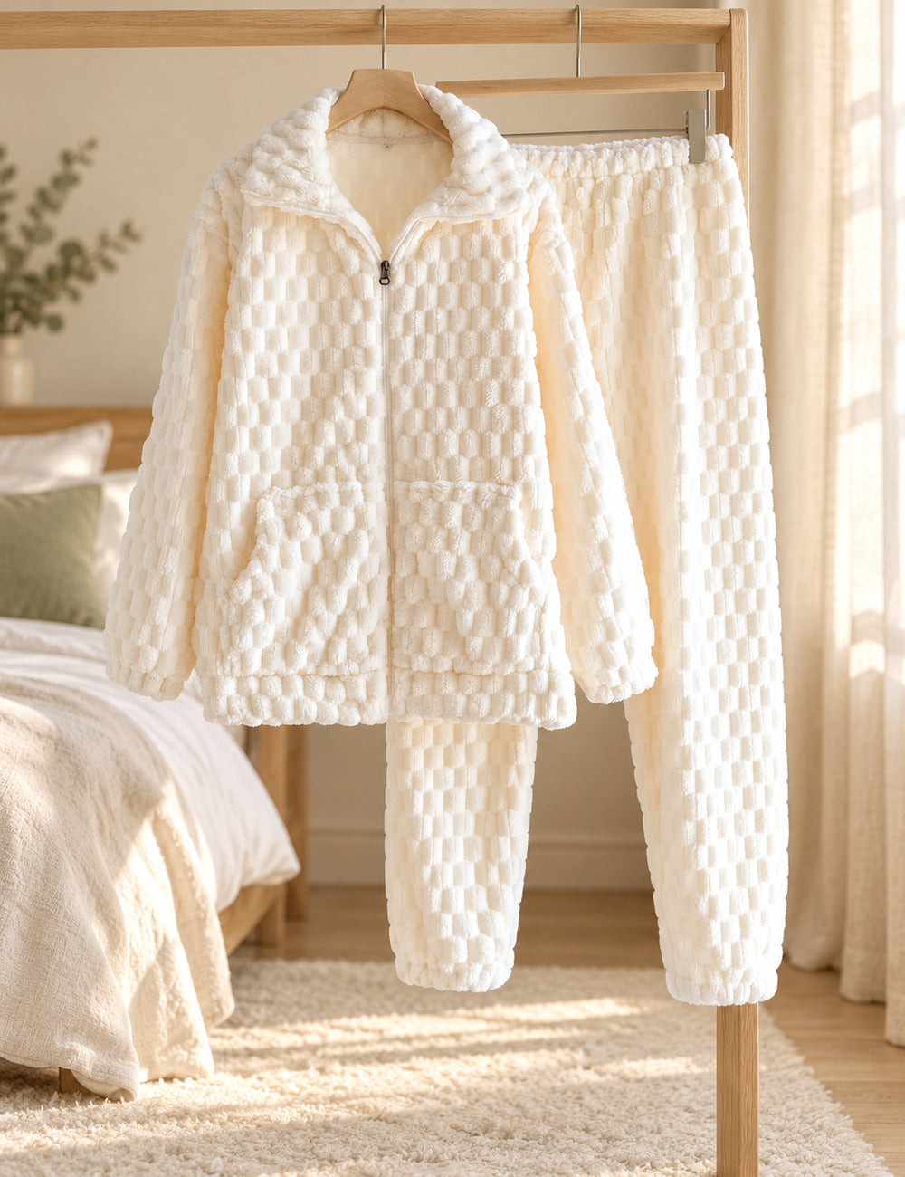 Ensemble pyjama Pilou Pilou écru sur cintre dans une chambre
