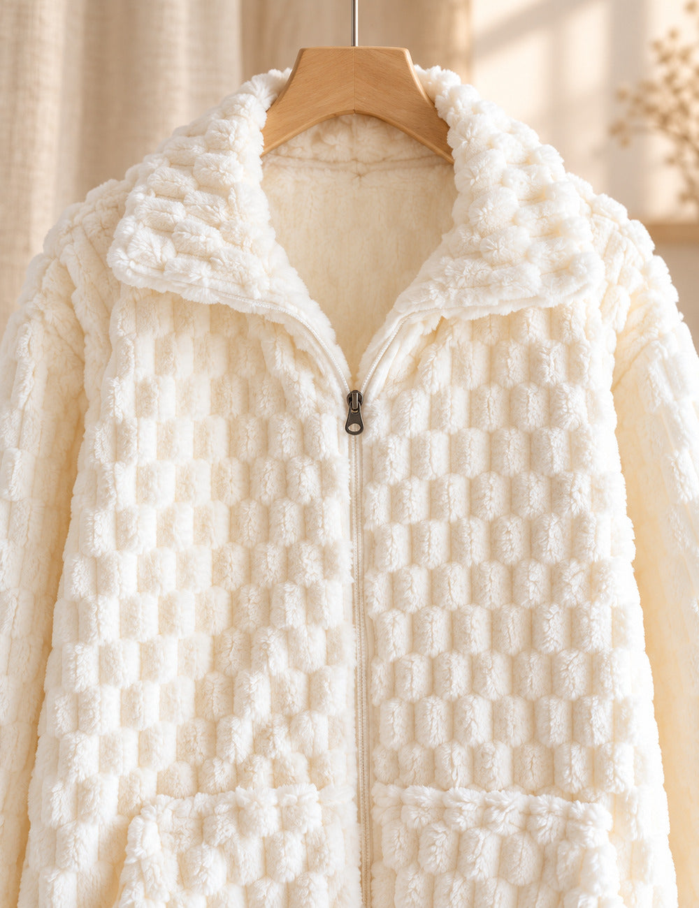 Détail du col zippé et de la matière de l'ensemble pyjama écru